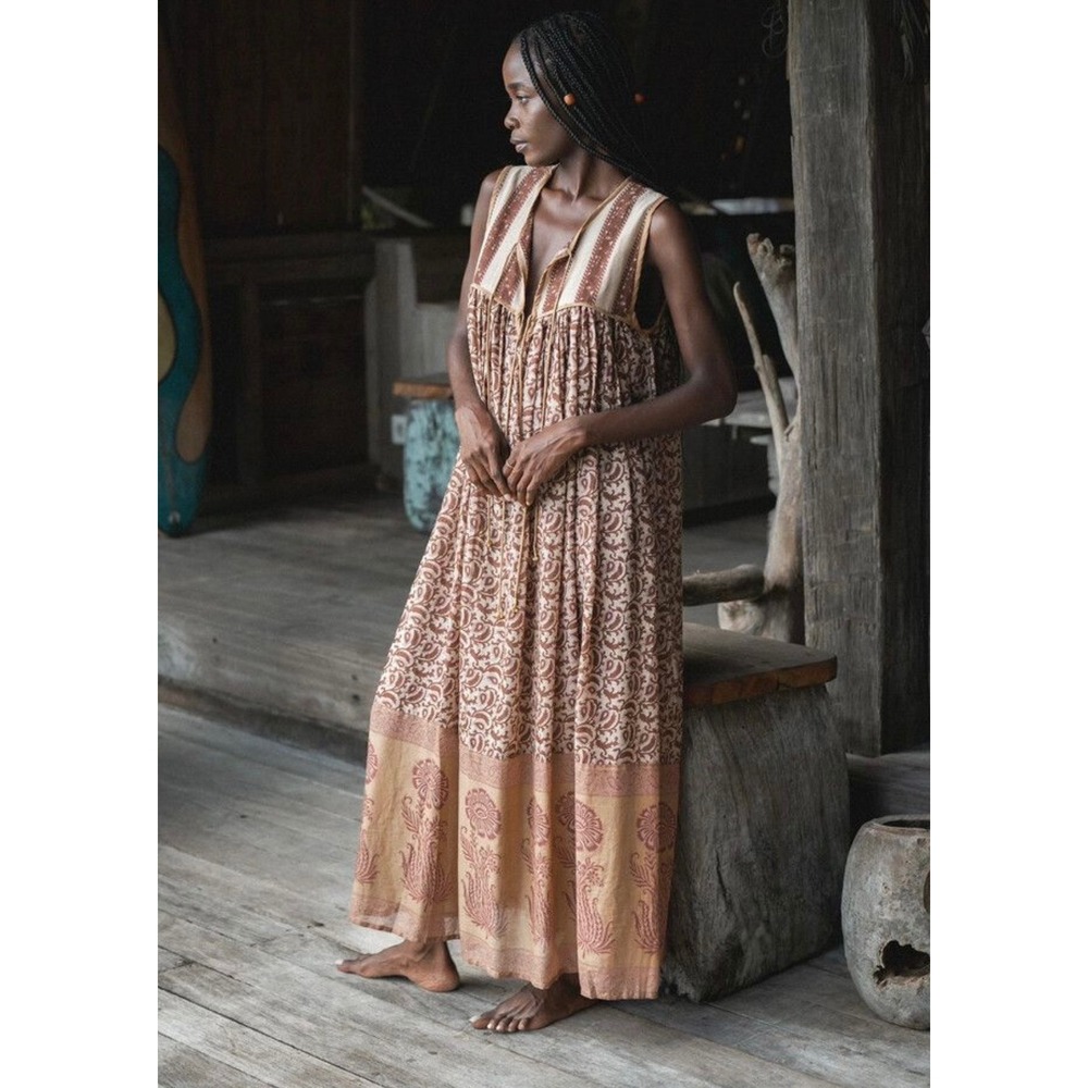 Daughters Of India Aahna Dress in Walnut Brown Floral Boho Maxi Dress Size Small